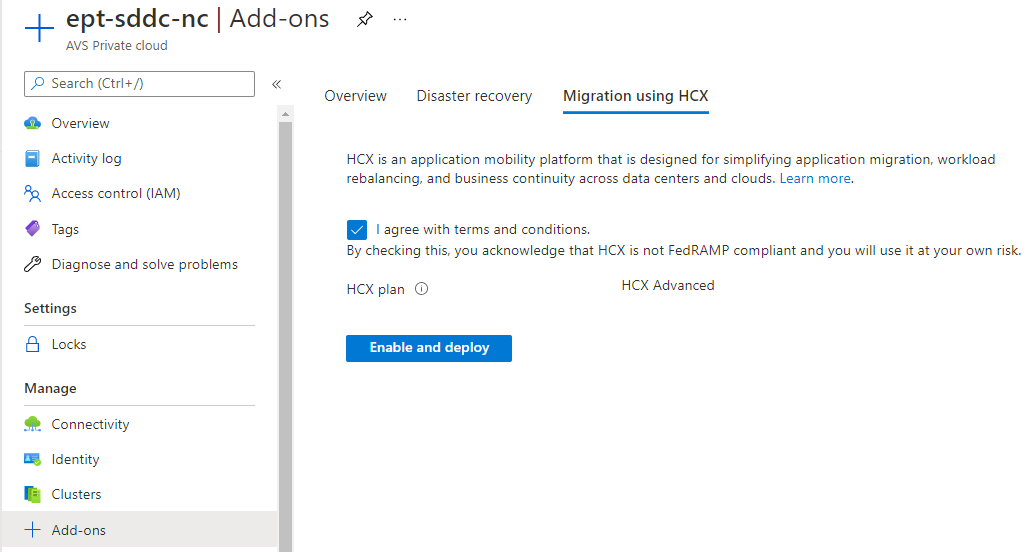 Screenshot displaying how to enable the VMware HCX add-on within the Azure portal.