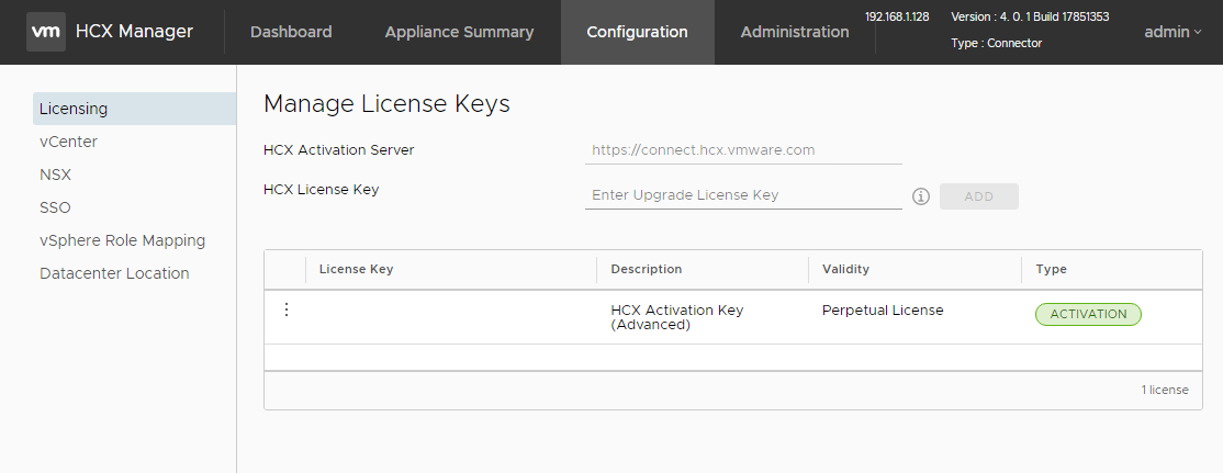 Screenshot of where to enter the VMware HCX Connector license key on-premises.