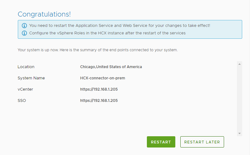 Screenshot of the end of configuring VMware HCX Manager on-premises.