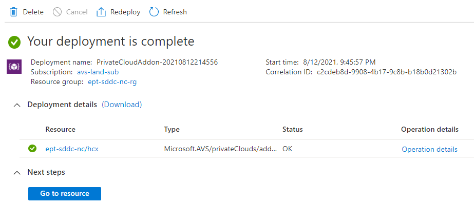 Screenshot displaying that the VMware HCX add-on installed after enabling the service within the Azure VMware Solution private cloud.