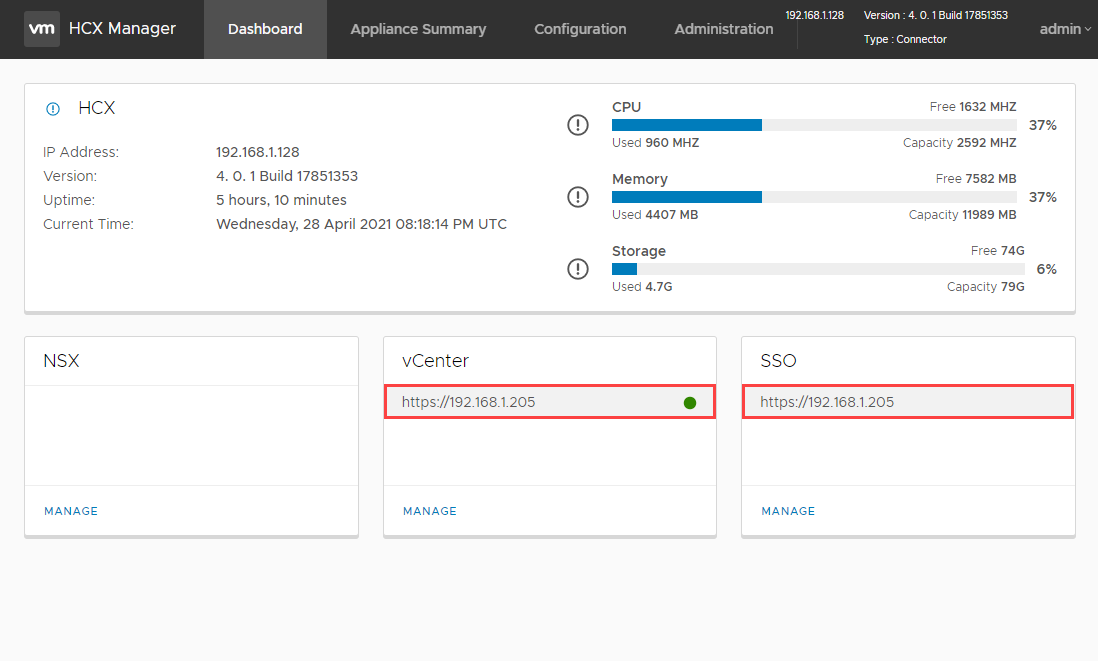 Screenshot of vCenter and Platform Services Controller SSO configured correctly in the on-premises VMware HCX Connector appliance.