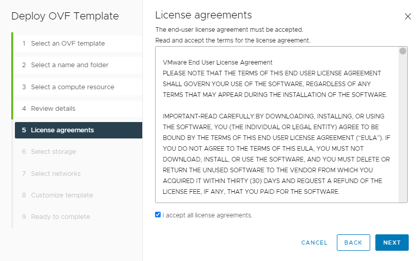 Screenshot of accepting all license agreements during VMware HCX Connector deployment on-premises.