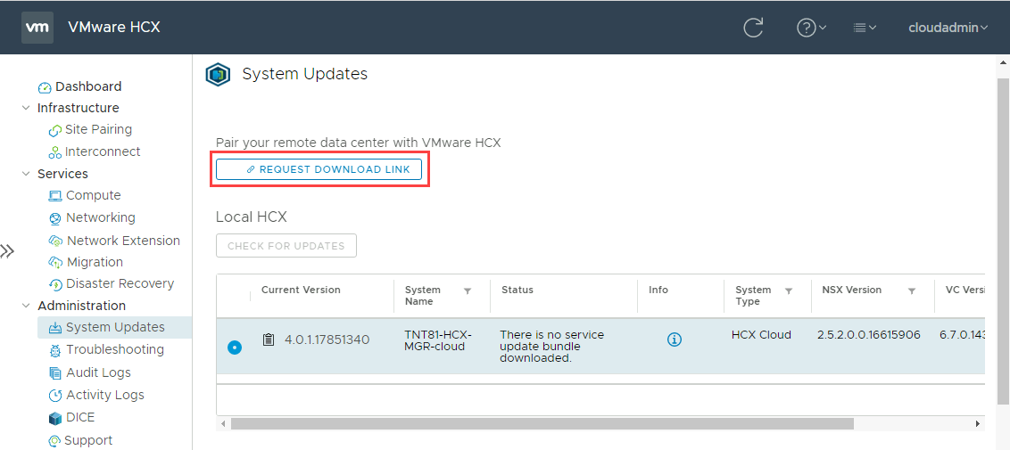 Screenshot of where to request a download link to the VMware HCX Connector OVA file for the on-premises VMware environment.