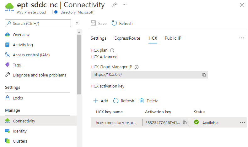 Screenshot after the VMware HCX Advanced key is requested from the Azure portal.