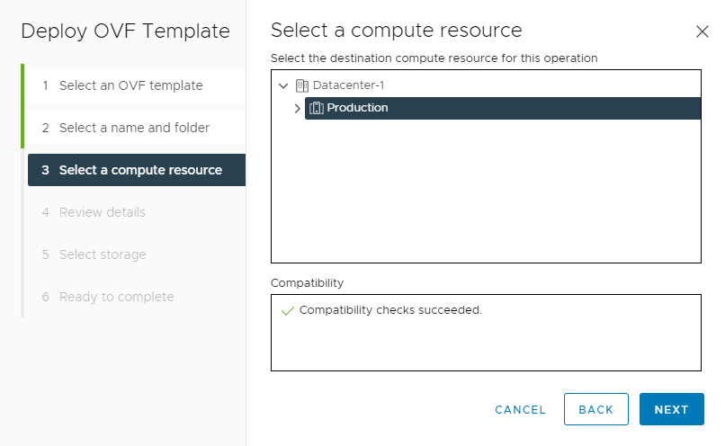 Screenshot that selects the vSphere cluster to deploy the VMware HCX Connector appliance to during deployment on-premises.