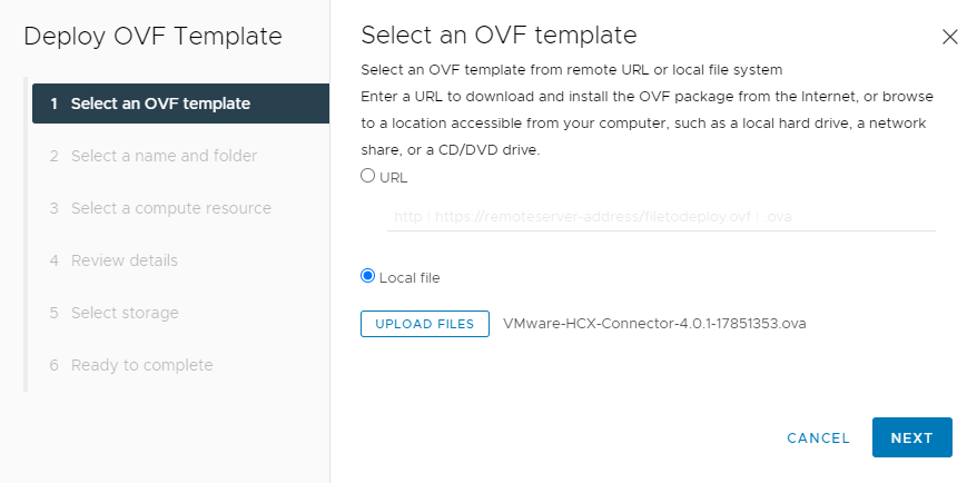 Screenshot that shows how to select a local file when prompted, during the VMware HCX Connector deployment within vCenter on-premises.