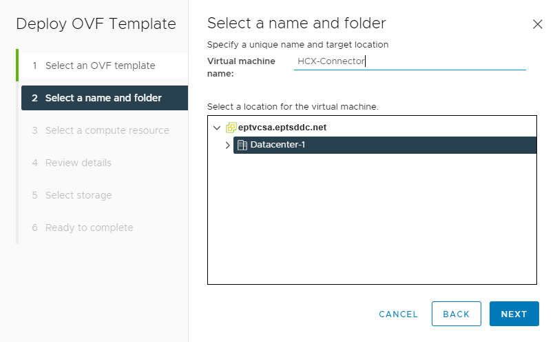 Screenshot of where to name the VMware HCX Connector appliance and where to select the datacenter within vCenter on-premises.