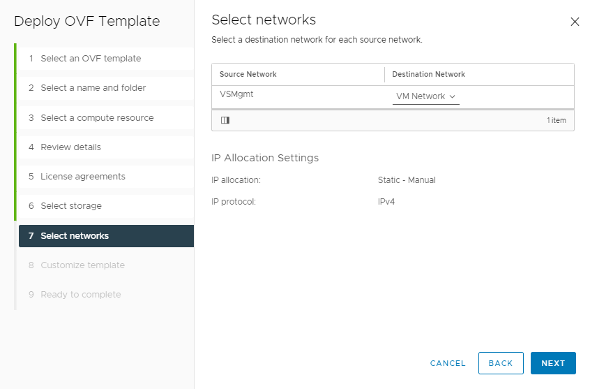 Screenshot of selecting the right management network on-premises.