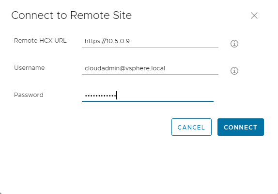 Screenshot of how to connect to the remote HCX URL from the on-premises HCX Connector.