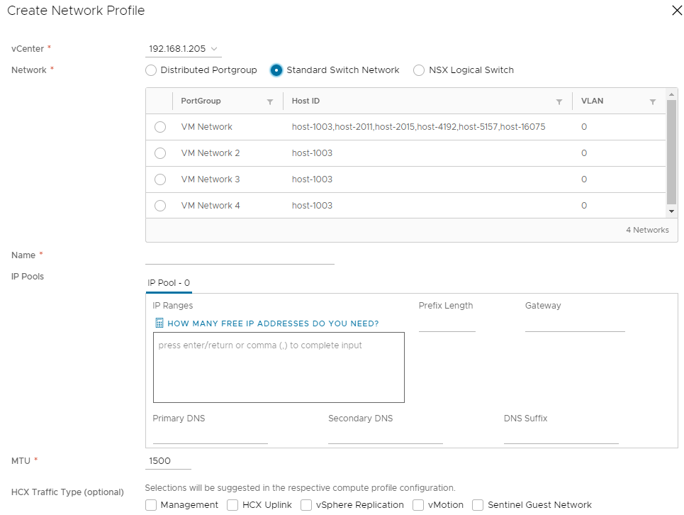 Screenshot of how to create a network profile within HCX Connector on-premises.