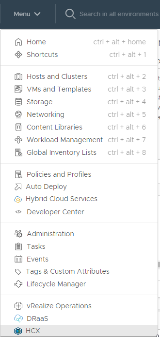 Screenshot of where to find HCX in the menu within vCenter on-premises.