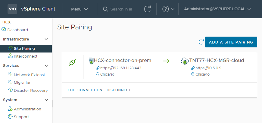 Screenshot when site pairing is complete in the on-premises VMware environment.