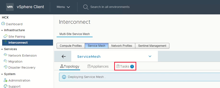 Screenshot of the button for viewing service mesh configuration tasks in the on-premises HCX Connector.