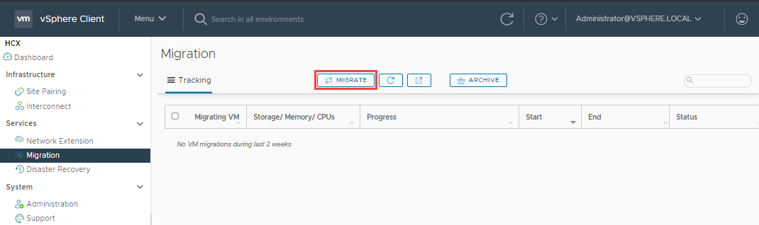 Screenshot of where to start the migration for existing VMs in the on-premises VMware environment.