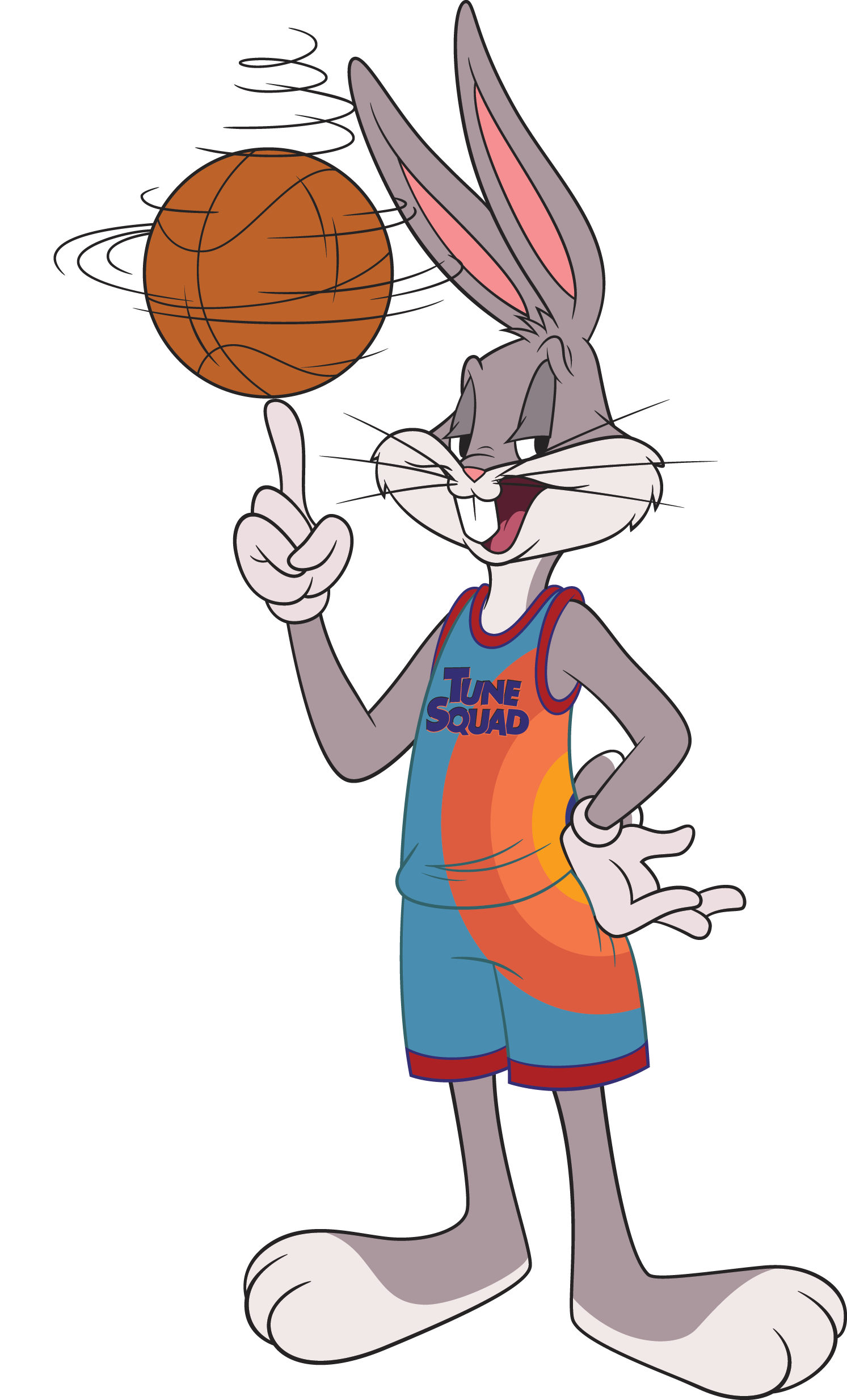An image of Bugs Bunny wearing his Tune Squad uniform and balancing a spinning ball on his right index finger with his left hand on his hip.