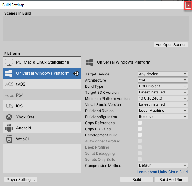 Screenshot of Build Settings with X symbol highlighted to close the window.