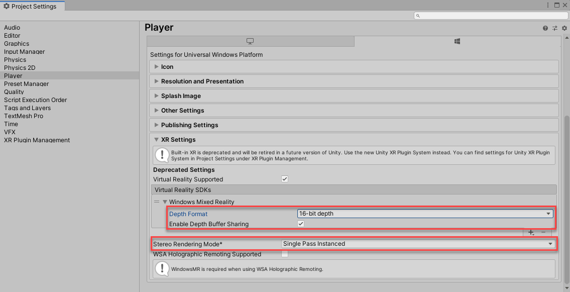 Screenshot of Project Settings with Player selected. Within Virtual Realty S D Ks, the Depth Format and Enable Depth Buffer Sharing fields are highlighted. Depth Format is set to 16-bit depth. Enabled Depth Buffer Sharing is checked. The Stereo Rendering Mode field is highlighted with Single Pass Instanced selected.