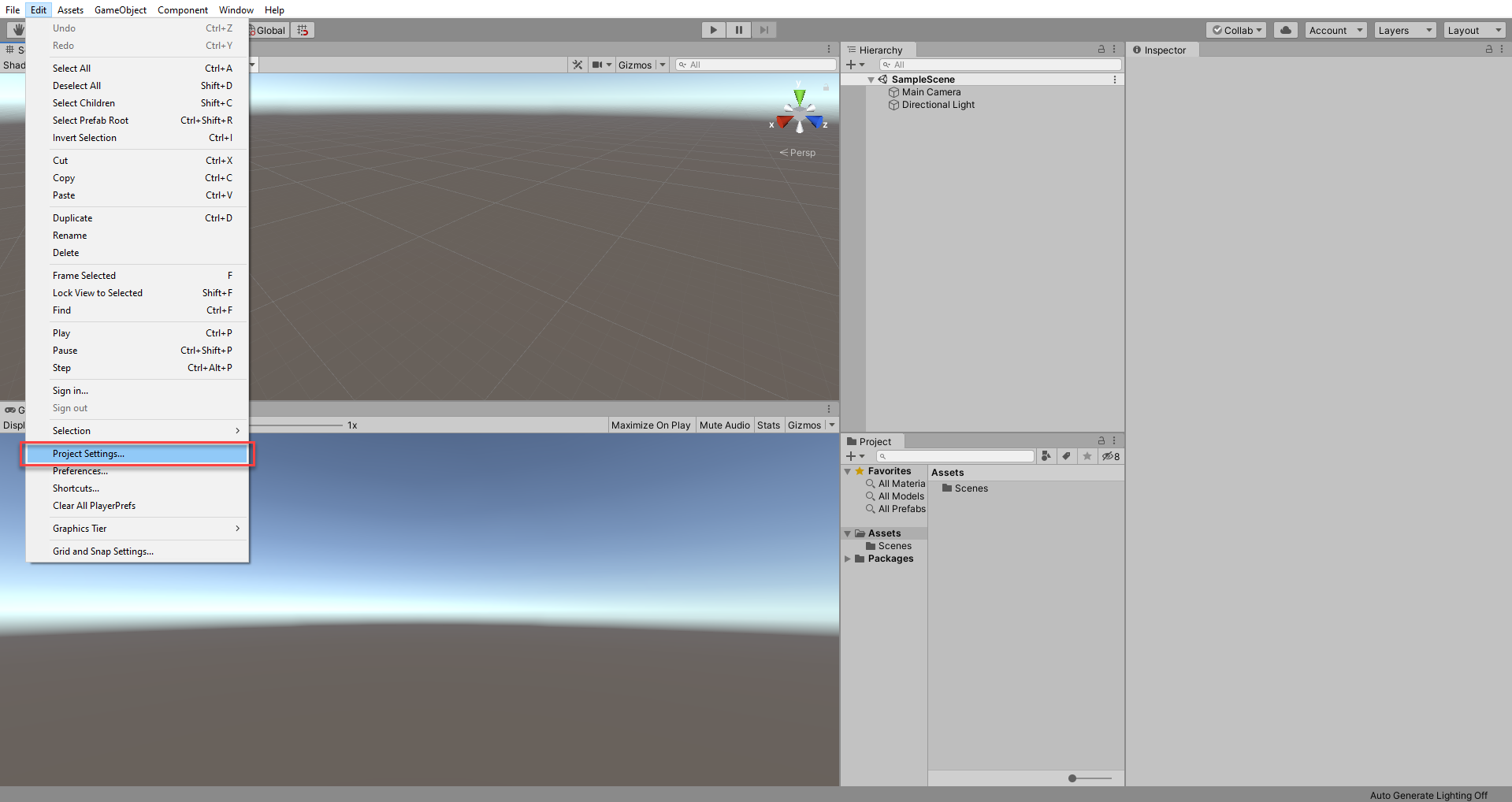 Screenshot of Unity editor with Edit menu expanded and Project Settings highlighted.