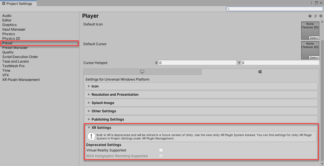 Screenshot of Project Settings window with Player and X R Settings highlighted.