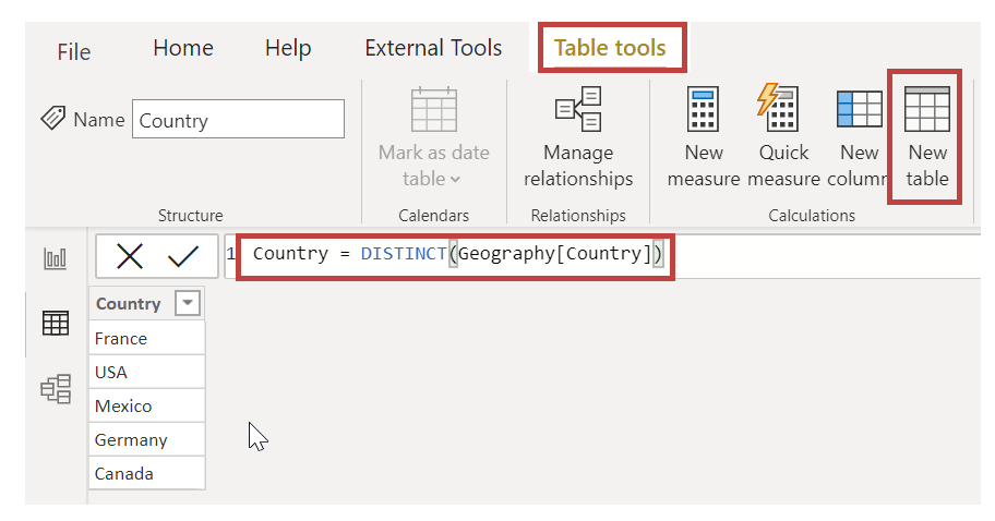Screenshot of the New Table button and the resulting table.