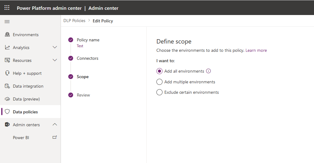 Screenshot of the data loss prevention policy scope.