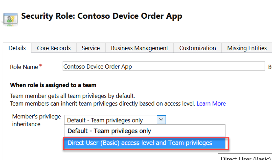 Screenshot of security roles and teams details.