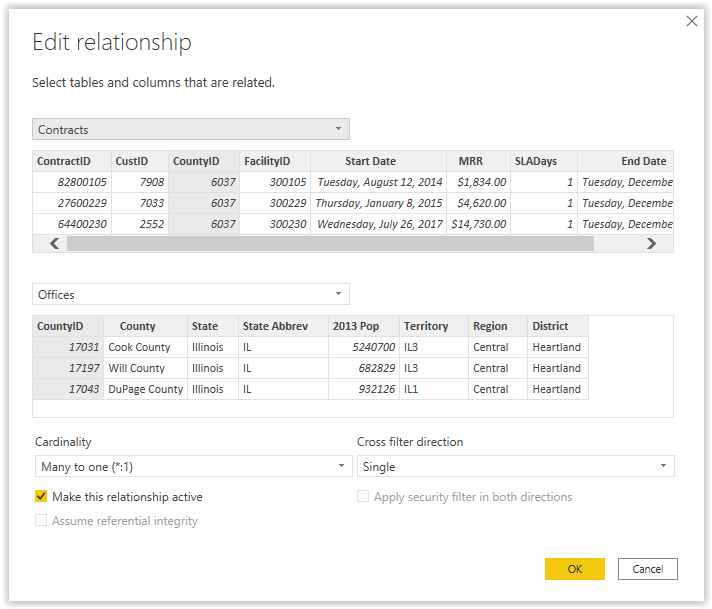 Screenshot of the Edit relationships window.
