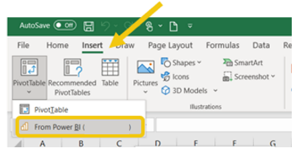 Screenshot of Insert PivotTable from Power BI dataset.
