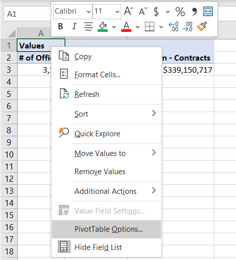 Screenshot of Pivot Table menu displaying the Pivot Table Options menu item.