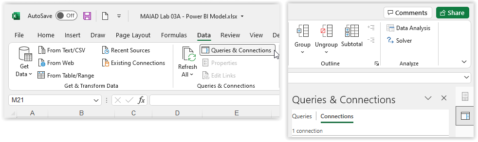 Screenshot of Excel Data Tab Queries and Connections button with visual of Connections selected in pane.
