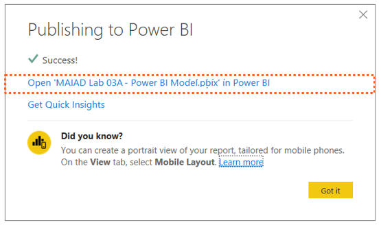 Screenshot of publishing to Power BI window with success message.