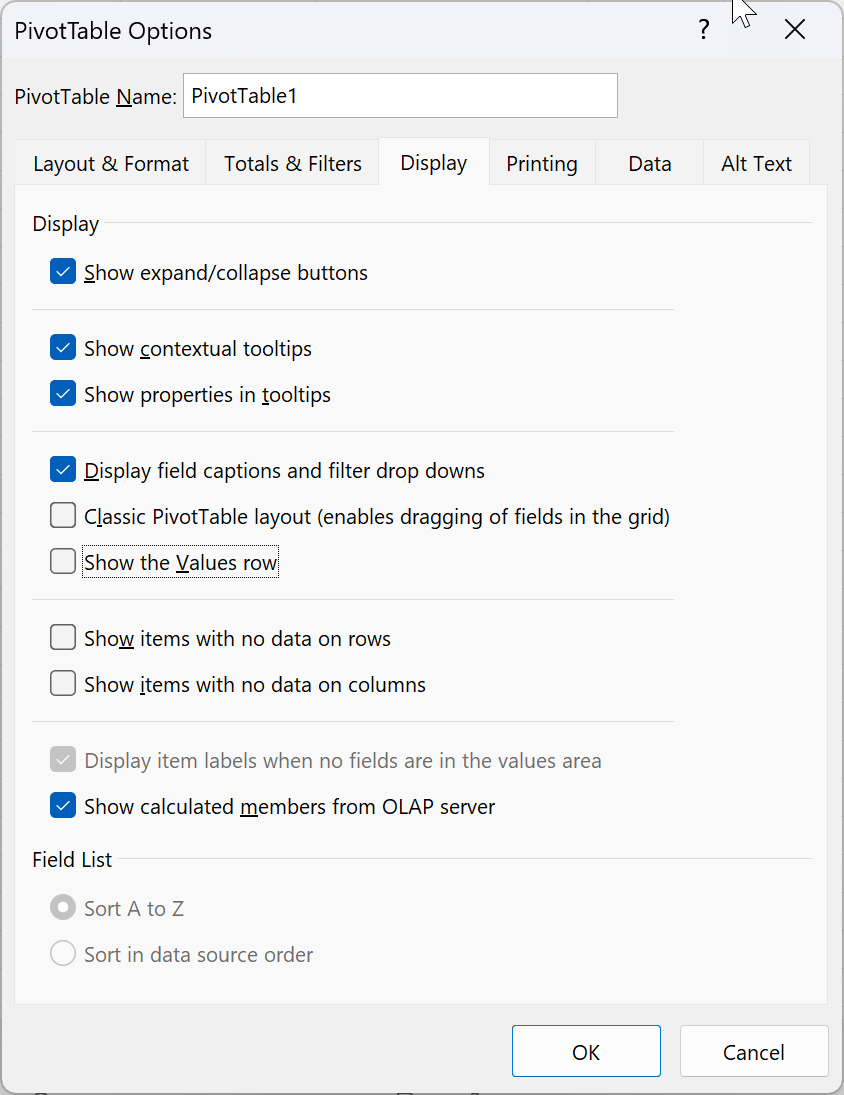 Screenshot of Pivot Table Options window with the Show the Values row check box de-selected.