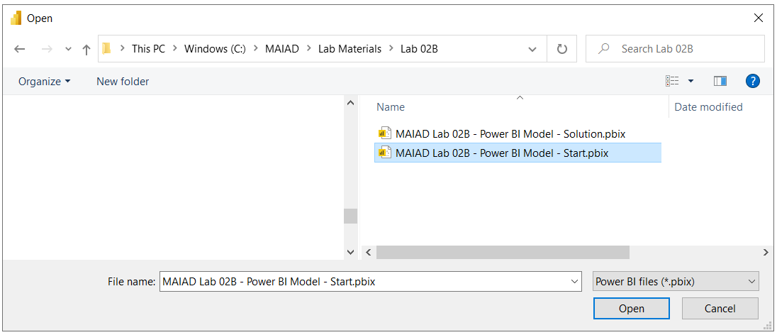 Open window with MAIAD Lab 02B Power bI Model file selected.