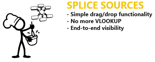 Screenshot of splice sources key points being simple drag/drop, no more VLOOKUP, and end-to-end visibility.