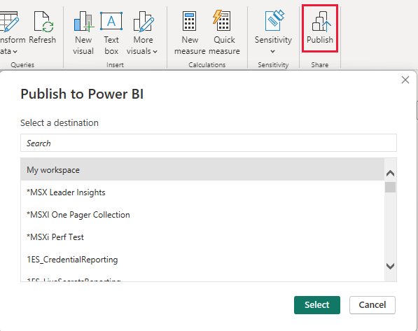 Screenshot shows the Publish to Power BI dialog box where you can select a workspace.