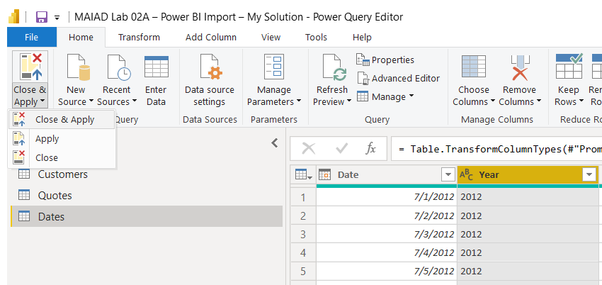 Screenshot of Power Query Editor with the Close and Apply button and the Close & Apply option selected.