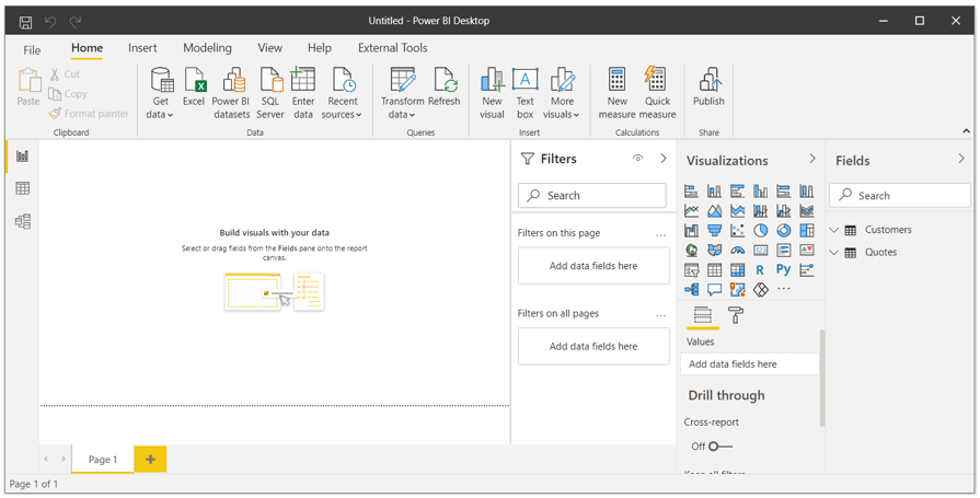 Screenshot of Power BI Desktop after import with the Customers and Quotes tables displayed in the Fields list.