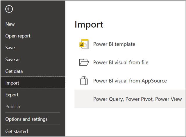 Screenshot of the Import menu with 'Power Query, Power Pivot, Power View' selected.