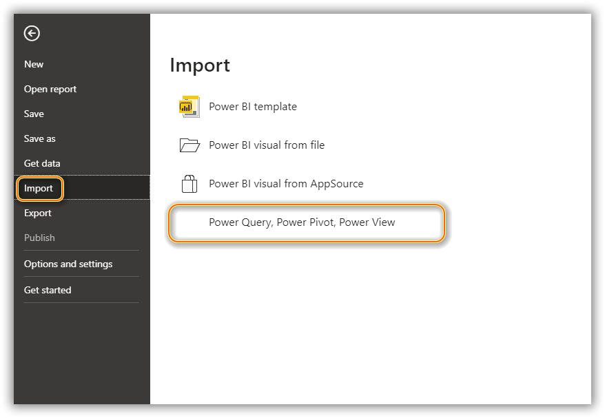 Screenshot of the Import menu with Power Query, Power Pivot, Power View selected.