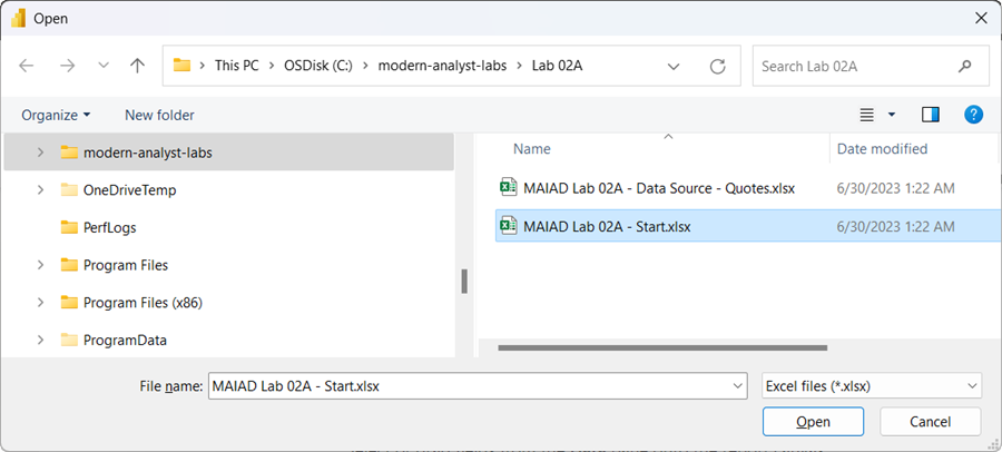 Screenshot of the MAIAD Lab 02 - Start.xlsx file in File Explorer.