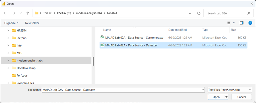 Screenshot of Open window with MAIAD Lab 02A - data Source - Dates.csv selected.