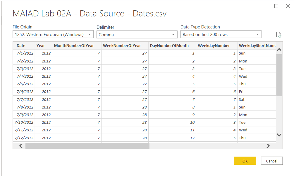 Screenshot of Power Query Editor CSV File origin, Delimiter, and Data Type Detection window displayed.