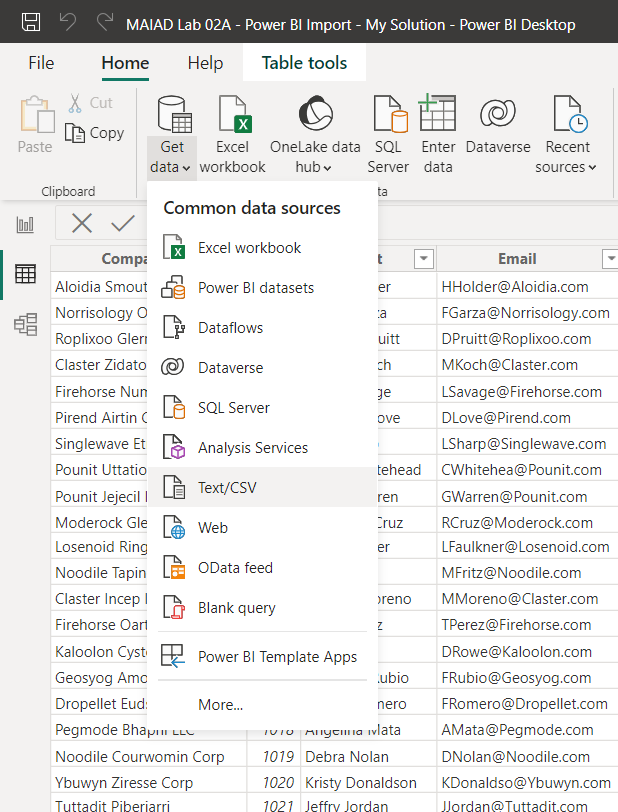 Screenshot of Power Query Editor displaying Home > Get Data > Text/CVS option.