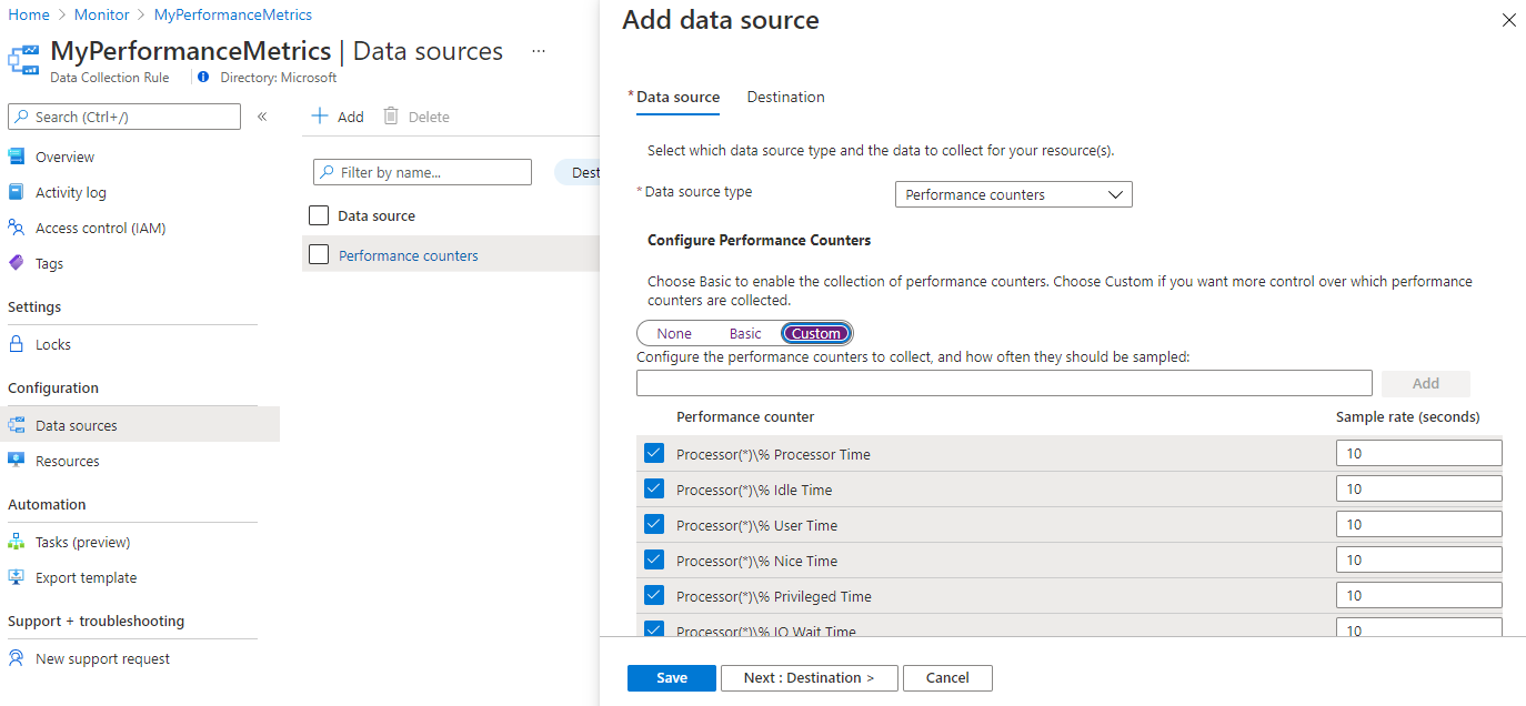 Screenshot of the data collection rules data sources.