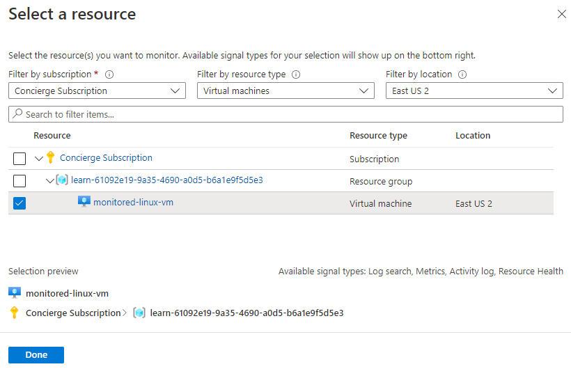Screenshot that shows the Select a resource pane.