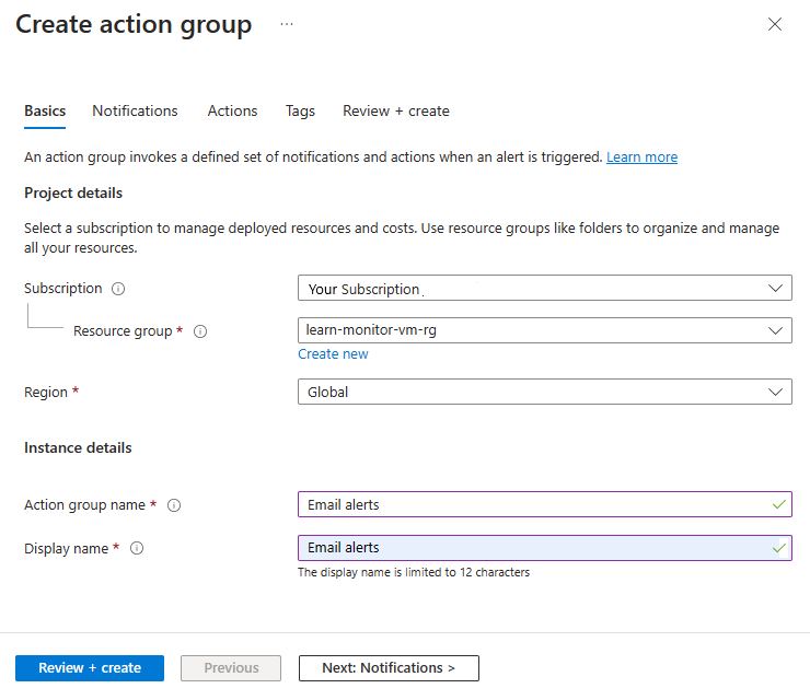 Screenshot that shows the 'Add action group' pane filled out.