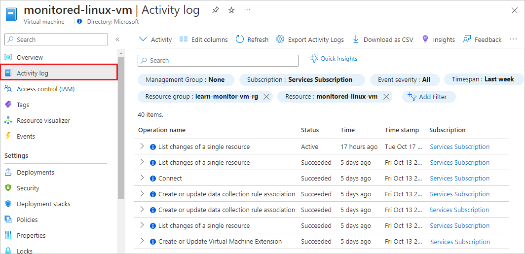 Screenshot of the activity log for a VM.