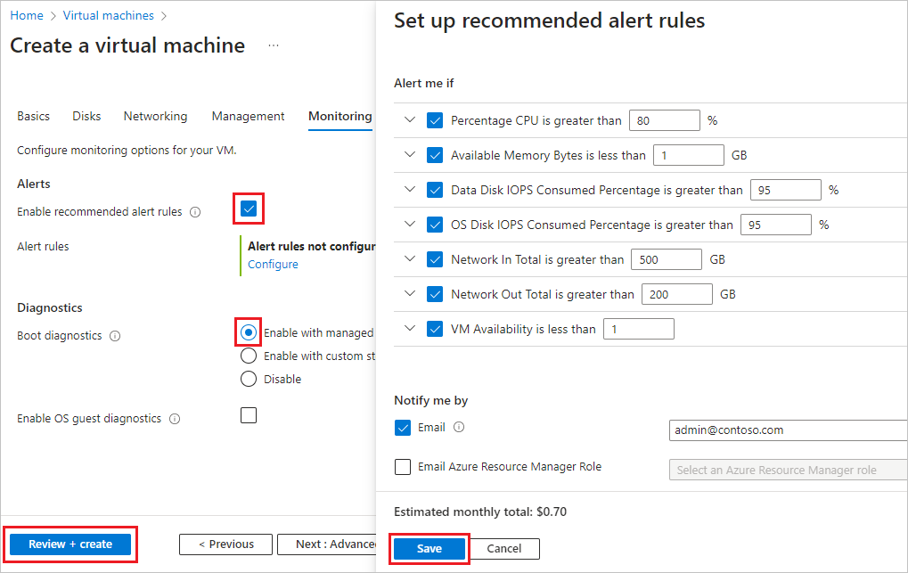 Screenshot that shows the Monitoring tab and alert rule configuration screen of the Create a virtual machine page.