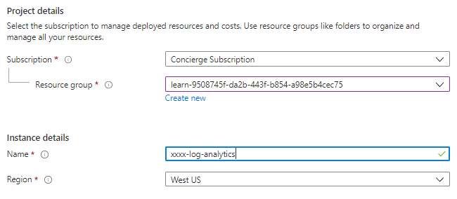 Screenshot of declaring the Log Analytics resource name, placing everything in the Concierge Subscription for Learn, and selecting Review + Create.