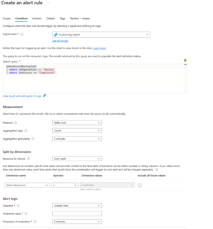 Screenshot that shows the Log Analytics alert-creation page.